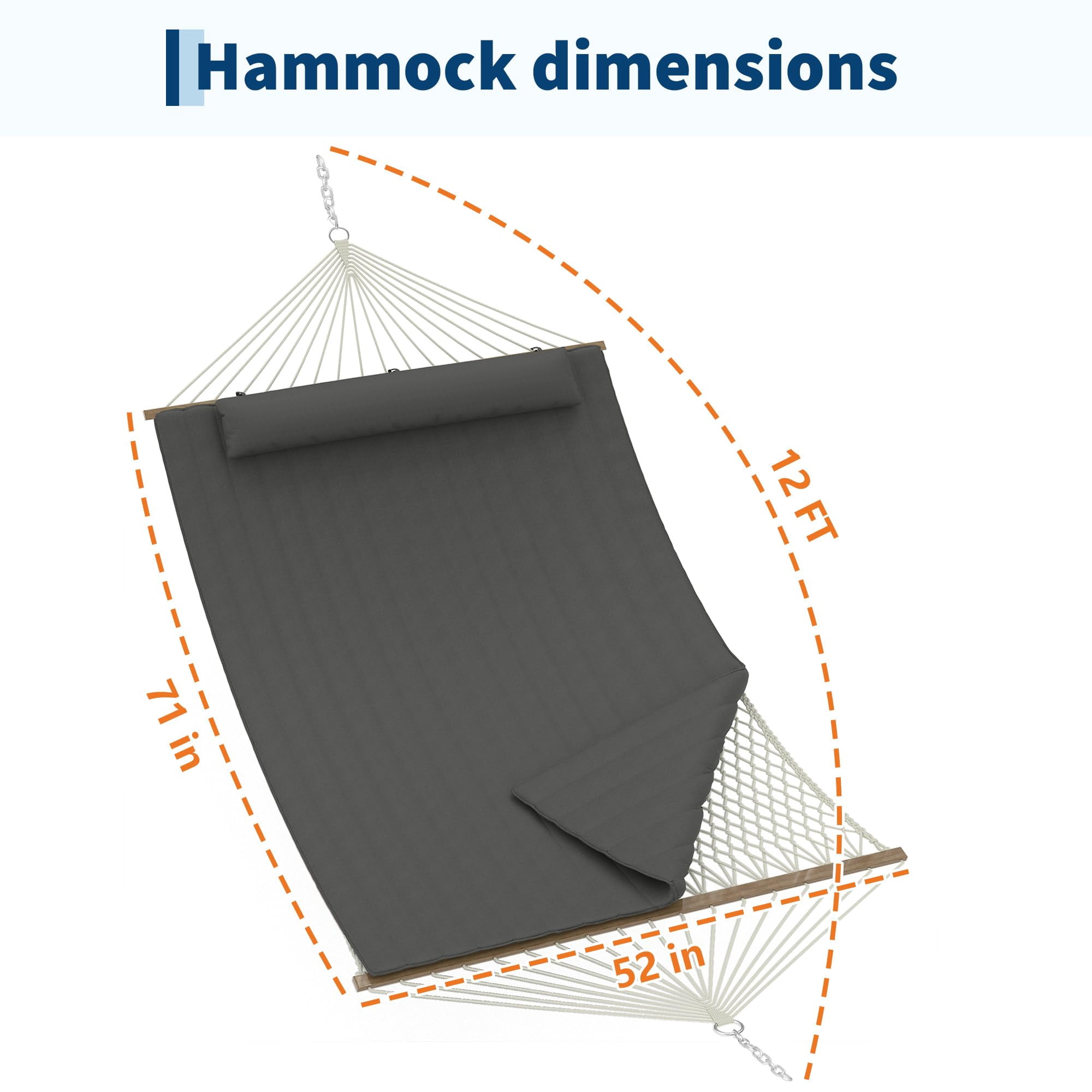 12FT Hammocks for 2 Person Indoor Outdoor, Quilted Fabric Hammock with Spreader Bar, Large Removable Pillow, Storage Pockets, Carabiners, Max 450 Lbs Capacity, Dark Gray