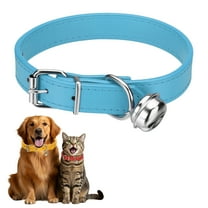 Dog Collar with Bell, Pu Leather Cat Collars Pet Basic Soft Padded Adjustable Buckle, 16" (Blue, 1 Pcs)