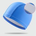 thumbnail image 4 of Swimming Cap Adult PU Waterproof Swim Pool Cap Solid Color Elastic Protect Ears Long Hair Diving Hat Bathing Cap Free Size light blue, 4 of 6