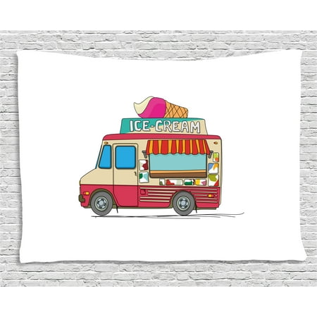 Truck Tapestry, Ice Cream Truck Colorful Illustration Business Idea Cartoon Style Cutaway Vehicle, Wall Hanging for Bedroom Living Room Dorm Decor, 80W X 60L Inches, Multicolor, by