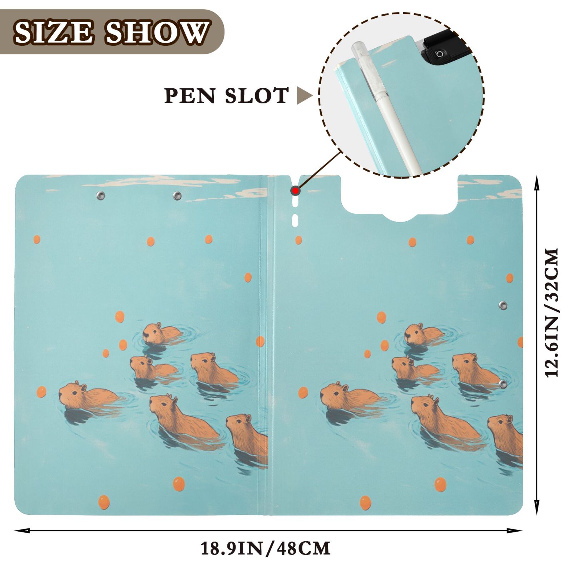 FORMRS A4 Clipboard Folder with Pen Holder Horizontal Foldable School Office Binder, Capybara Splash