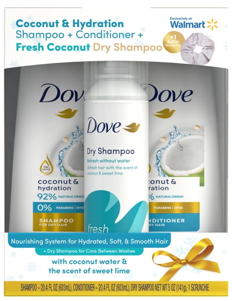 ($19 VALUE) Dove Coconut & Hydration Shampoo & Conditioner Set with Dry Shampoo and Satin Scrunchie, 3 Count