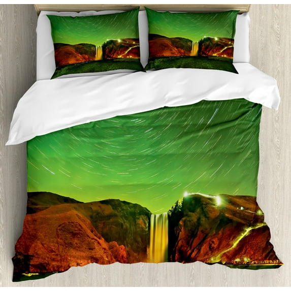 Borealis Duvet Cover Set King Size, Green Sky Silhouette of the Star Trails at Skogafoss Icelandic Nature Aurora, Decorative 3 Piece Bedding Set with 2 Pillow Shams, Multicolor, by Ambesonne