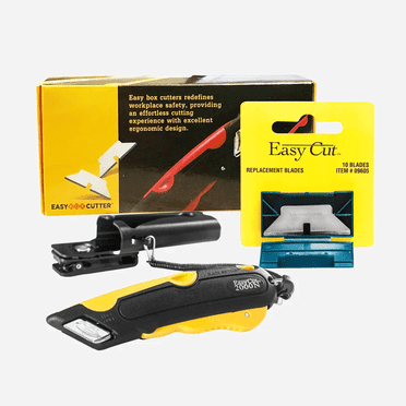 Easy Box Cutter, Easy Cut 2000 Yellow Cutter with 10 Ct Standard Replacement Extra Tape Cutter at Back, Dual Side Edge Guide, 3 Blade Depth Setting