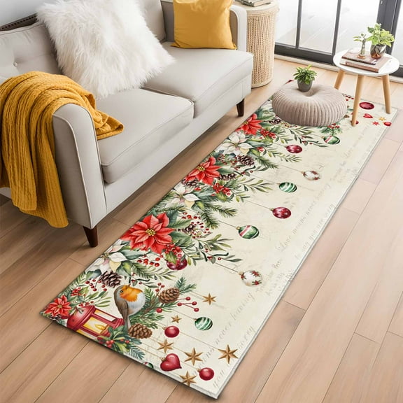 Red Christmas Kitchen Runner Rug 2x6 Washable Runners for Hallway Non Slip Xams Tree Winter Poinsettia Pine Cones Farmhouse Large Area Rug Indoor Floor Carpet for Bathroom Laundry Entryway Bedroom