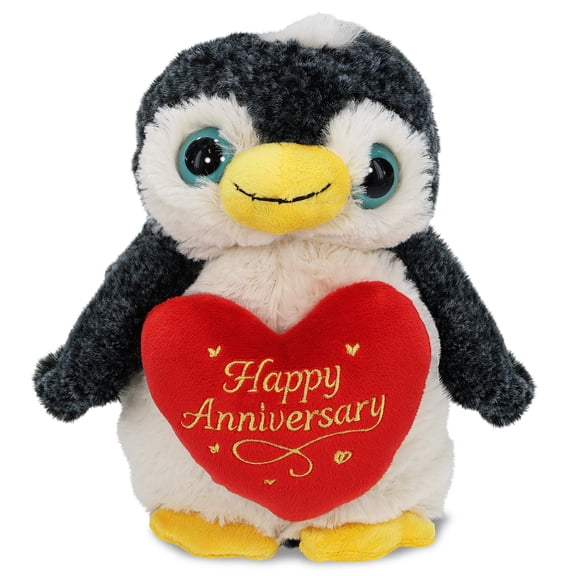 DolliBu Penguin Stuffed Animal with Happy Anniversary Red Heart Plush - Soft and Cuddly Wildlife Animal Penguin Plush Toy Gift for Couples or Friends - 8 Inches