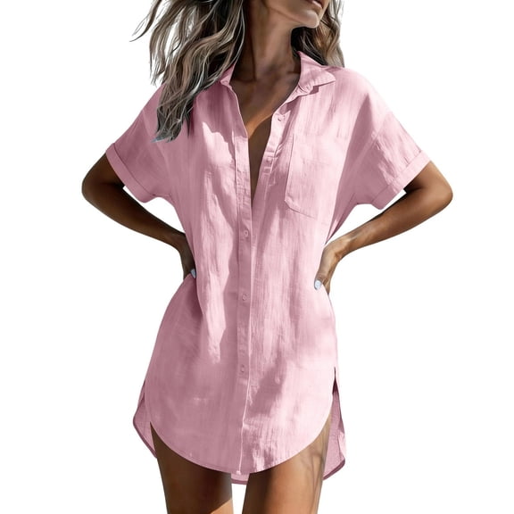 Kilaqueen Beach Cover Up Long Button Down Shirt Dresses for Women, Lapel Collar Roll Cuff Short Sleeve Blouse with Chest Pocket, Loose Oversized Vacation Swim Cover Dress