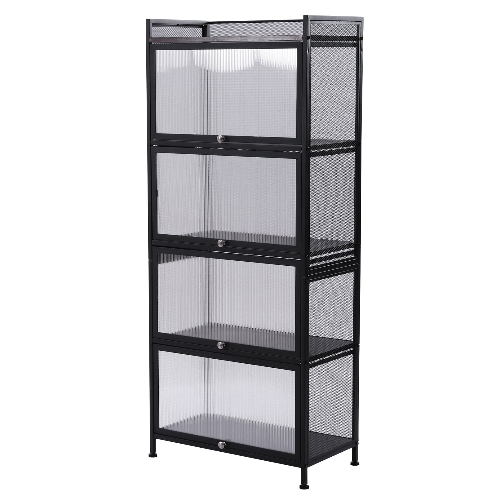 KANGTEEN Metal Kitchen Cabinet Orgarnizer, 5 Layers Freestanding Kitchen Storage Shelves Backer's Rack with Clamshell Glass Doors Black/White 23.6*12.6*
