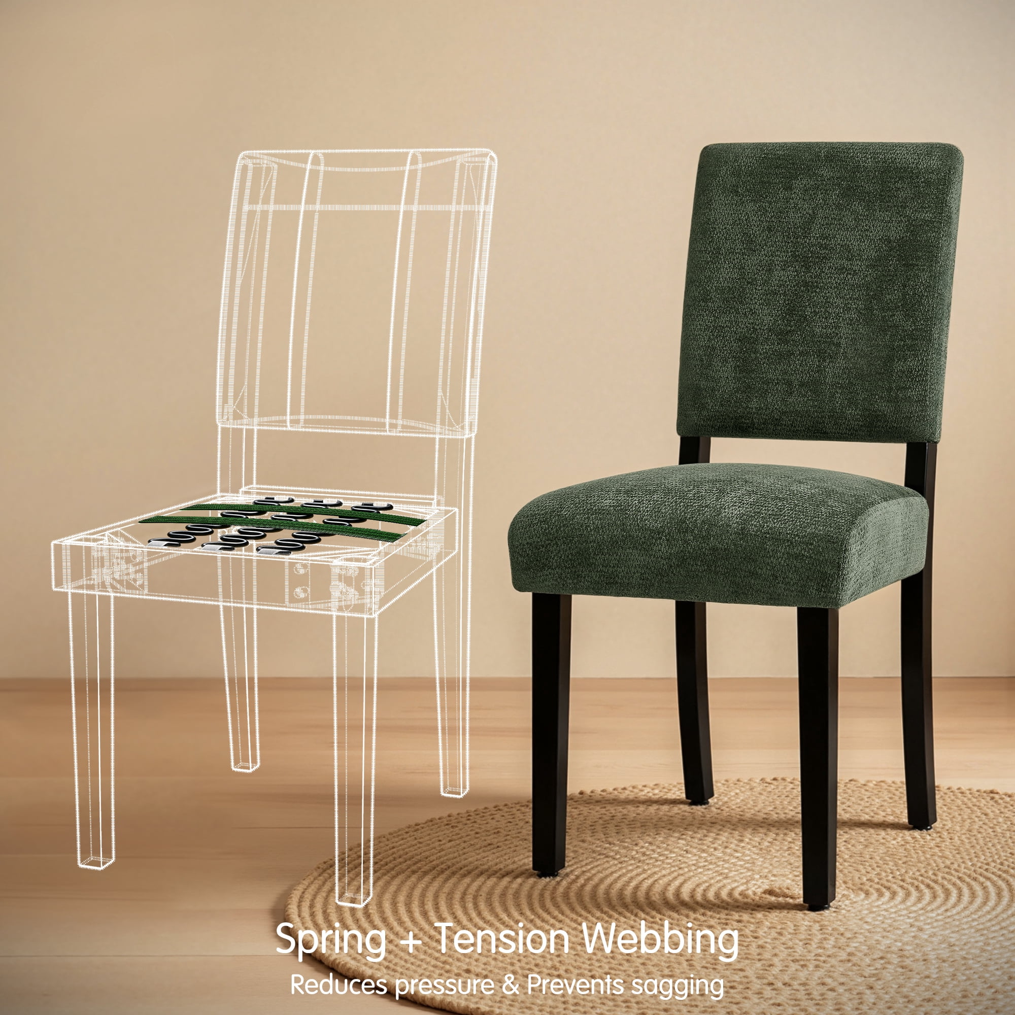 CHUN YI Chenille Upholstered Dining Chairs Set of 2, Open Back Kitchen Dining Room Chairs with Solid Rubberwood Frame, French Country Style, Green