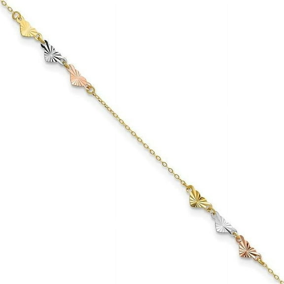 Primal Gold 14 Karat Tri-Color Diamond-cut Hearts 9-inch Plus 1-inch Extension Anklet
