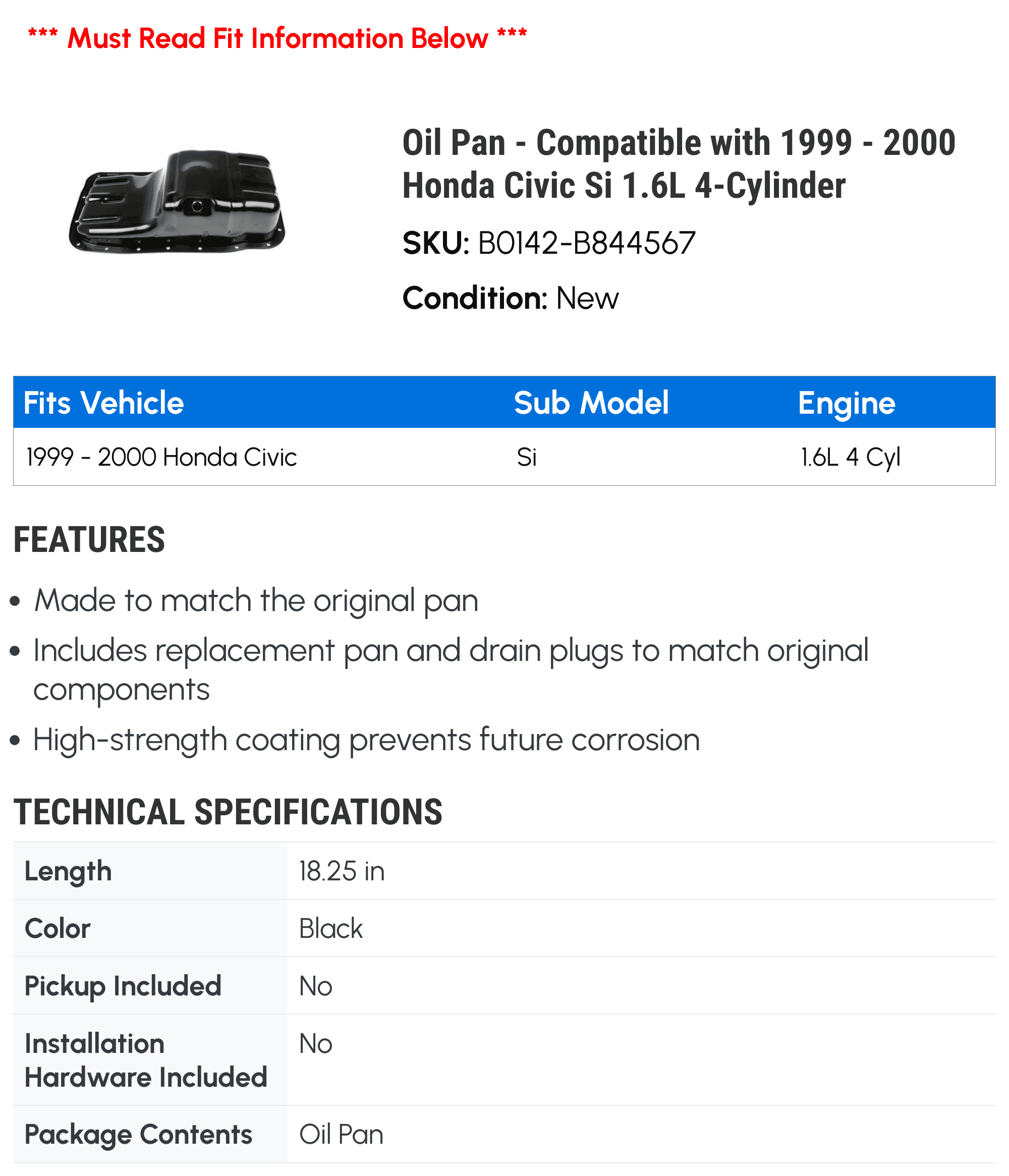 Oil Pan - Compatible with 1999 - 2000 Honda Civic Si 1.6L 4-Cylinder - Dorman