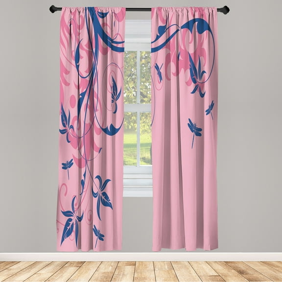 Ambesonne Dragonfly Curtains, Swirling Floral Damask, Pair of 28"x95", Pale Pink