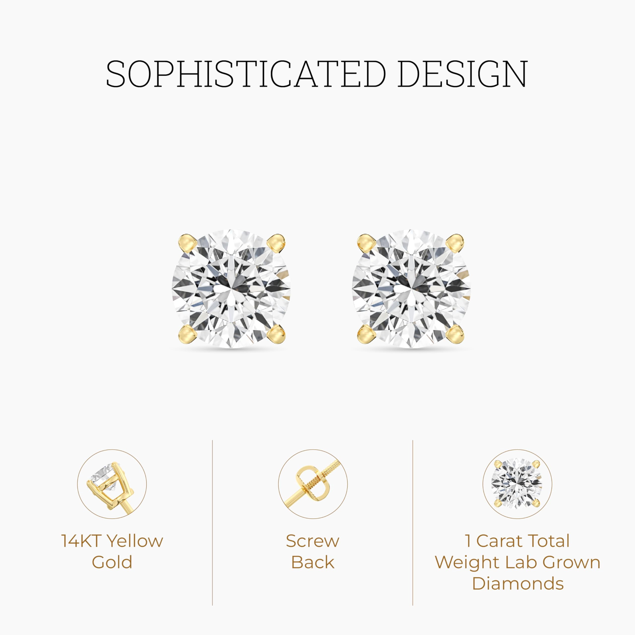 Gilded 1 Carat Total Weight IGI Certified Lab-Grown Diamond 14KT Yellow Gold Stud Earrings for Women| Hypoallergenic Fine Gold Jewelry|4-Prong Basket, Push Back Nut|VSI1 Clarity, E-F Color, Round Cut