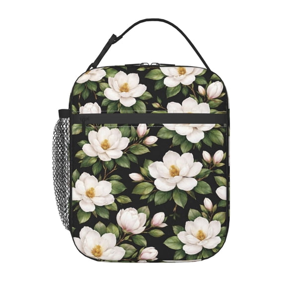 White Magnolia Floral Lunch Bag Portable Thermal Lunch Box for Men and Women