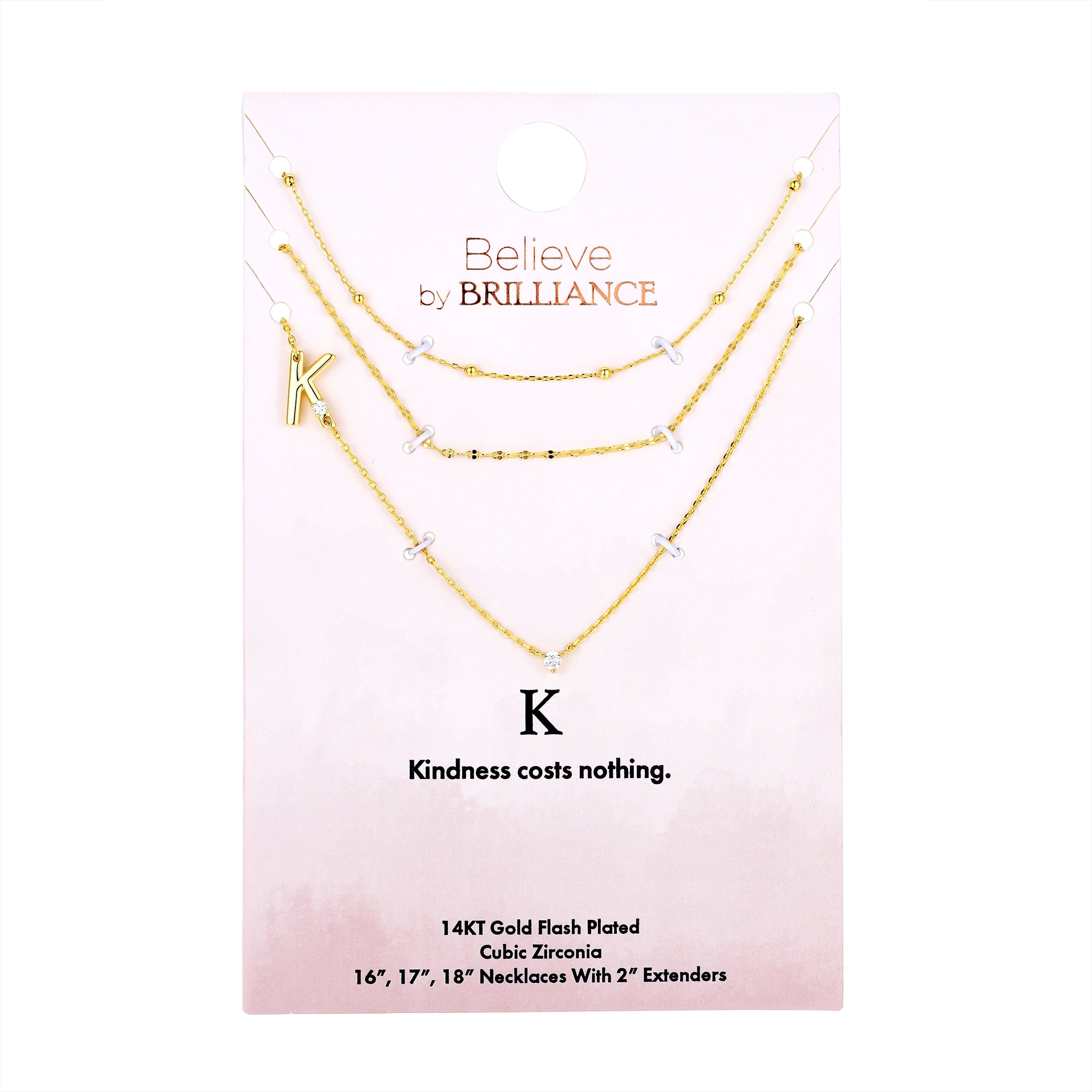 Believe by Brilliance K Triple Chain Initial Necklace Set in 14KT Gold Flash Plated Brass