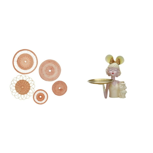 Juego de decoración de pared artesanal de ratán tejido, bandeja para llaves, estatua de niña, adorno, bandeja decorativa adecuada para sala de estar y