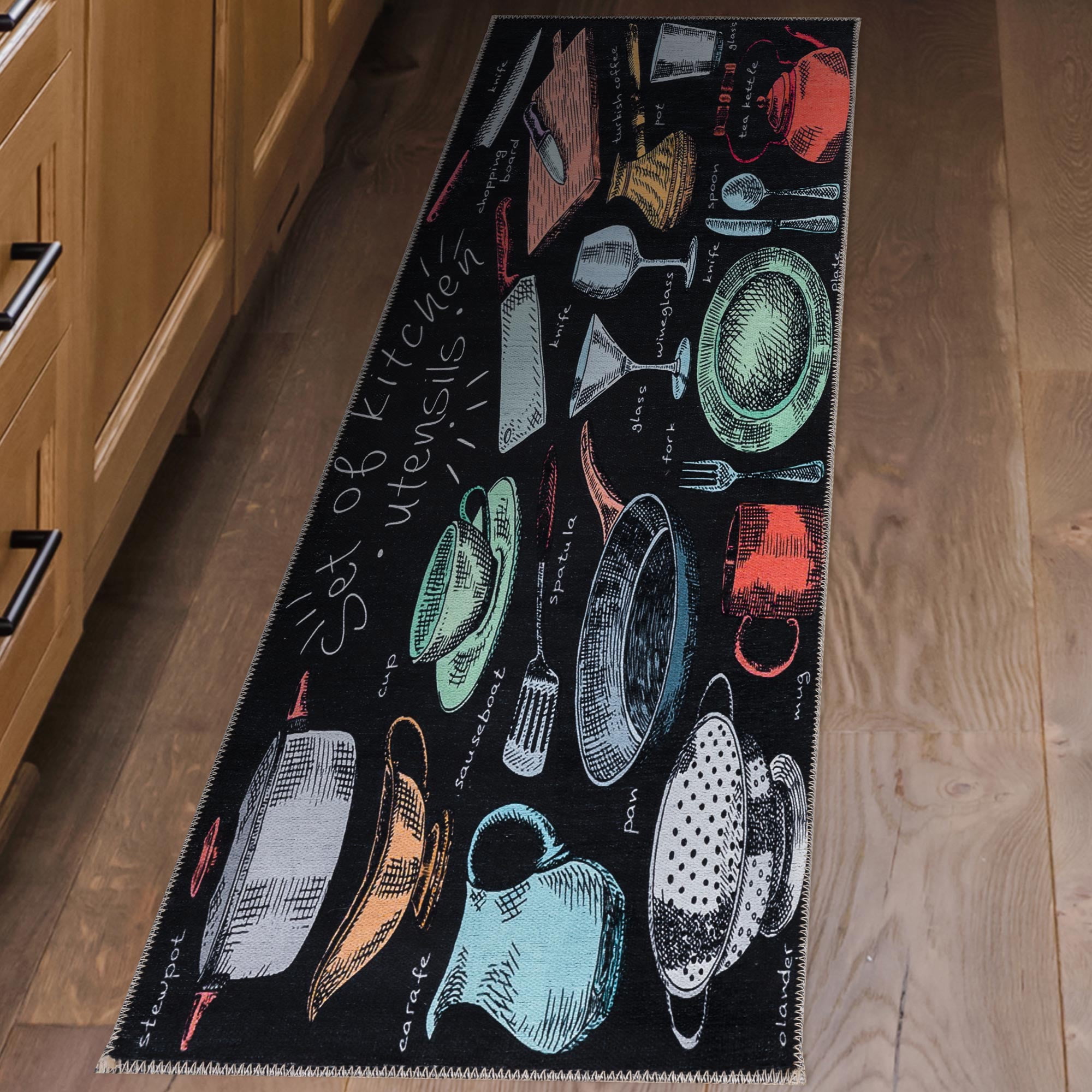 Ottomanson Machine Washable Utensils 2x5 Flatweave Cotton Kitchen Runner Rug, 20" x 59", Black/Multicolor