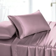 ANMINY Satin Sheets Full Silk Sheets Bean Paste Color Bed Sheet Set Deep Pocket Bed Flat Fitted Sheet, 4-Pieces