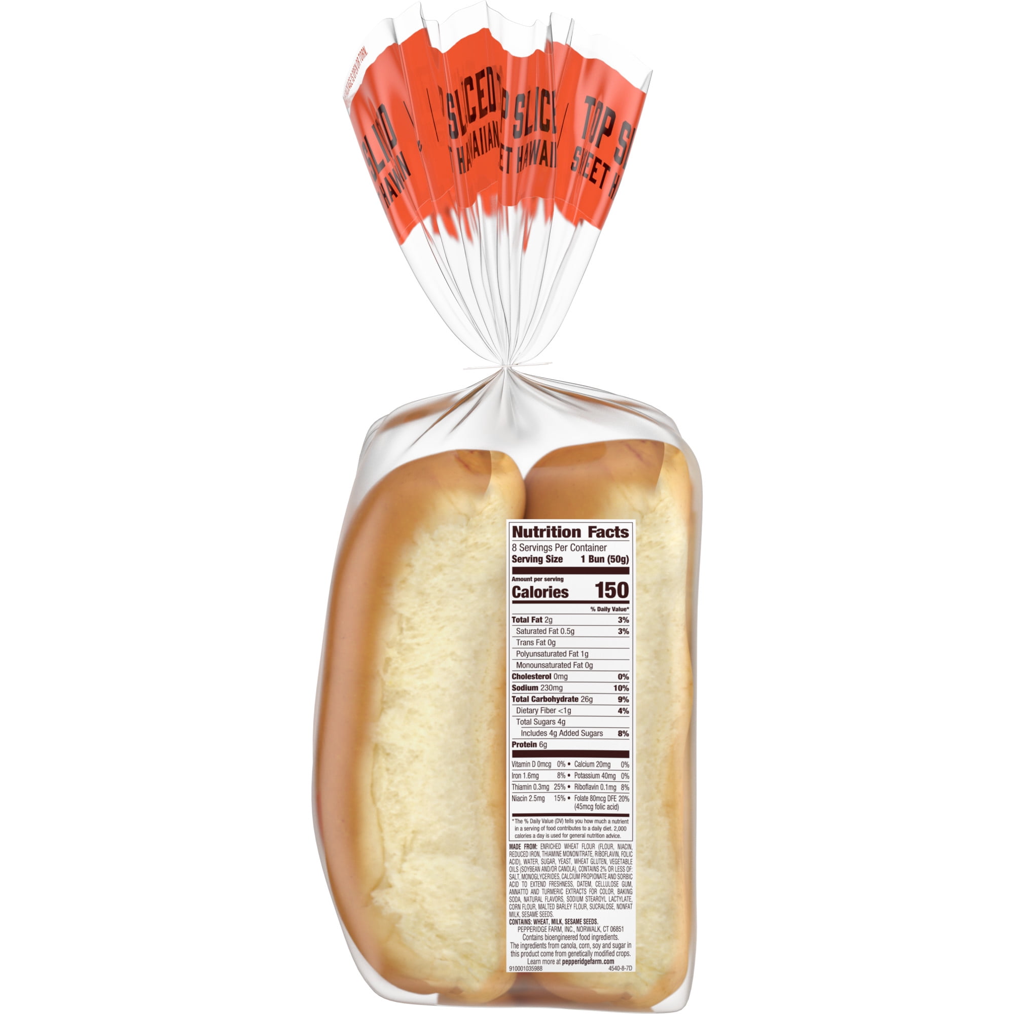 Pepperidge Farm Sweet Hawaiian Hot Dog Buns, Top Sliced, 8-Pack Bag
