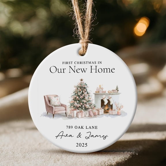 Custom New Home Ornament 2025 - First Christmas Ceramic Keepsake with Names and Address, Holiday Gift for Couples and Homeowners