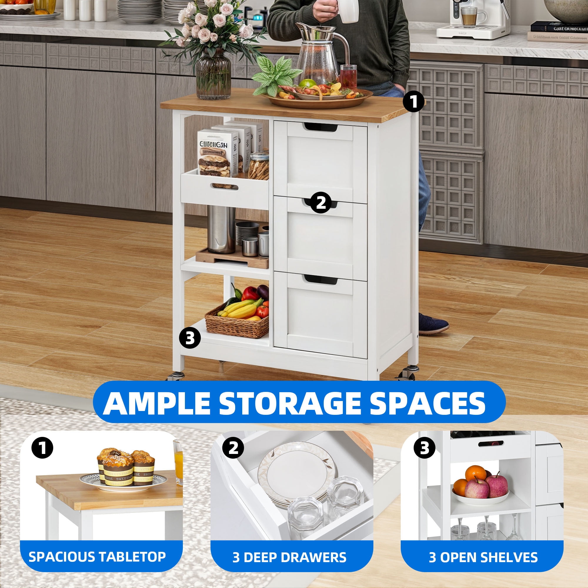 Dextrus 3-Tier Kitchen Island with Storage, Kitchen Storage Cart with Countertop & Drawers, White