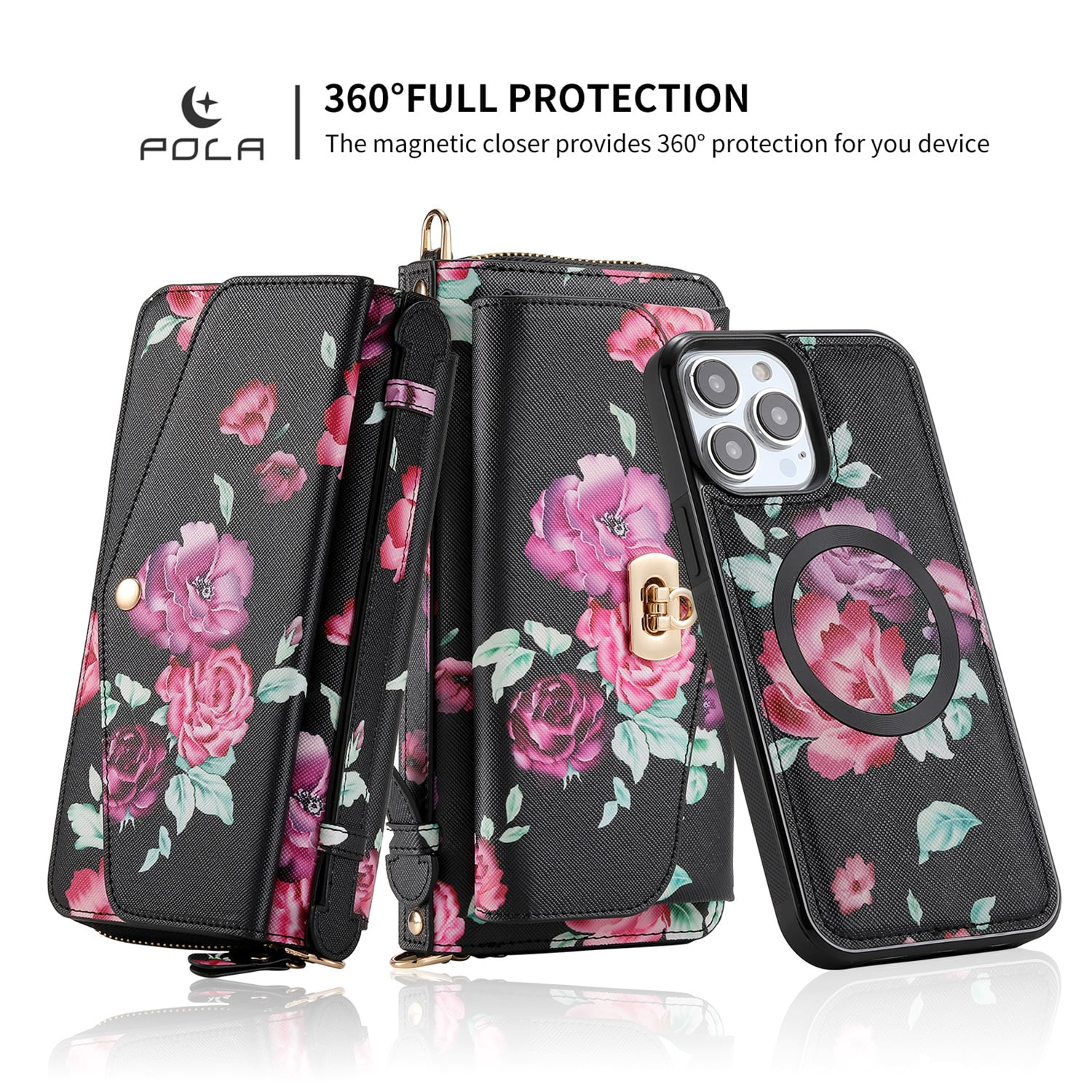 SaniMore Magnetic Detachable Wallet Case for iPhone 13 Pro Max, Flower Pattern RFID Blocking Cover Support Wireless Charging Card Slot Shoulder & Wrist Strap 360° Full Protective Shell, Black