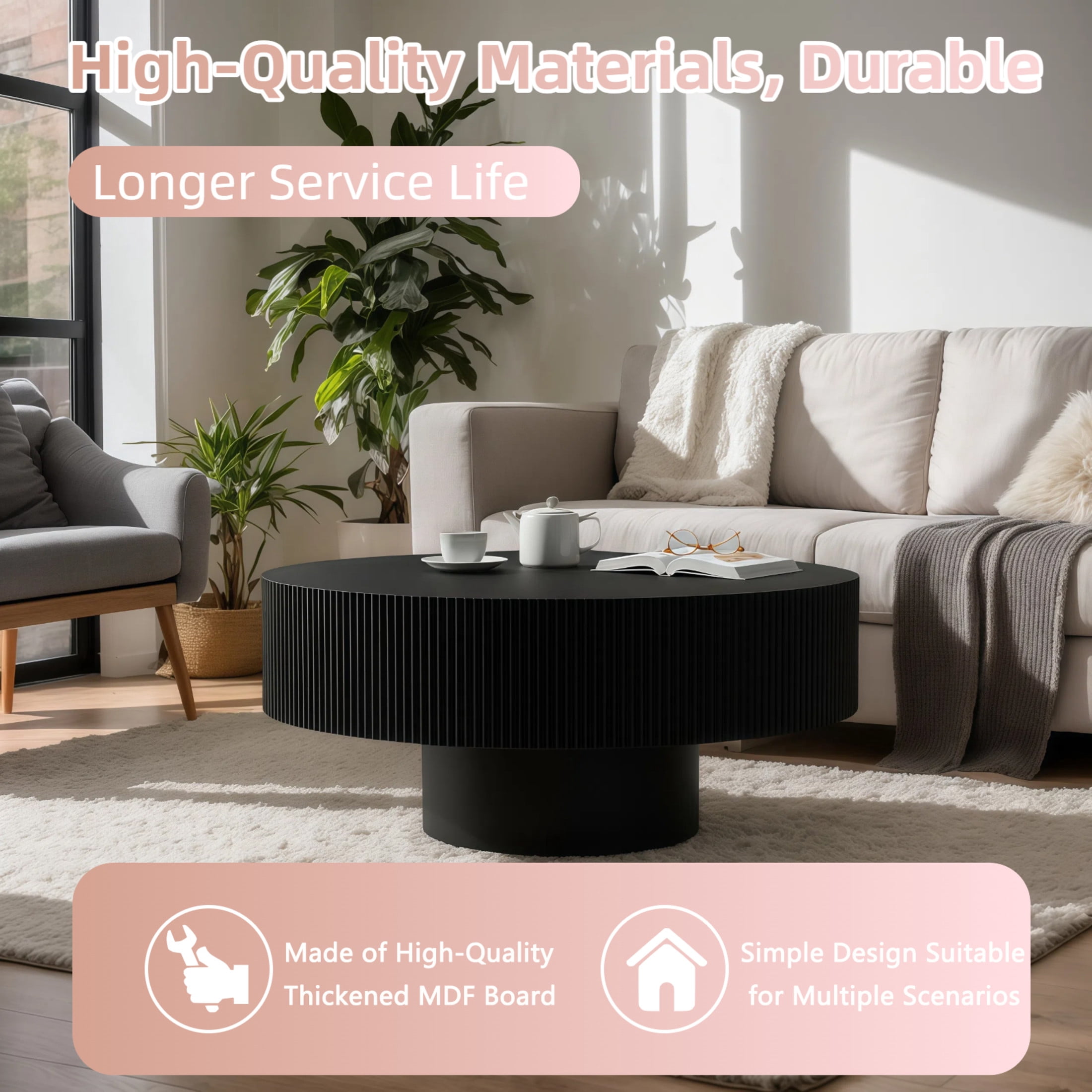Noble House Round Fluted Coffee Table, Mid-Century Pedestal Center Table for Living Room, Bedroom, Terrace, Black