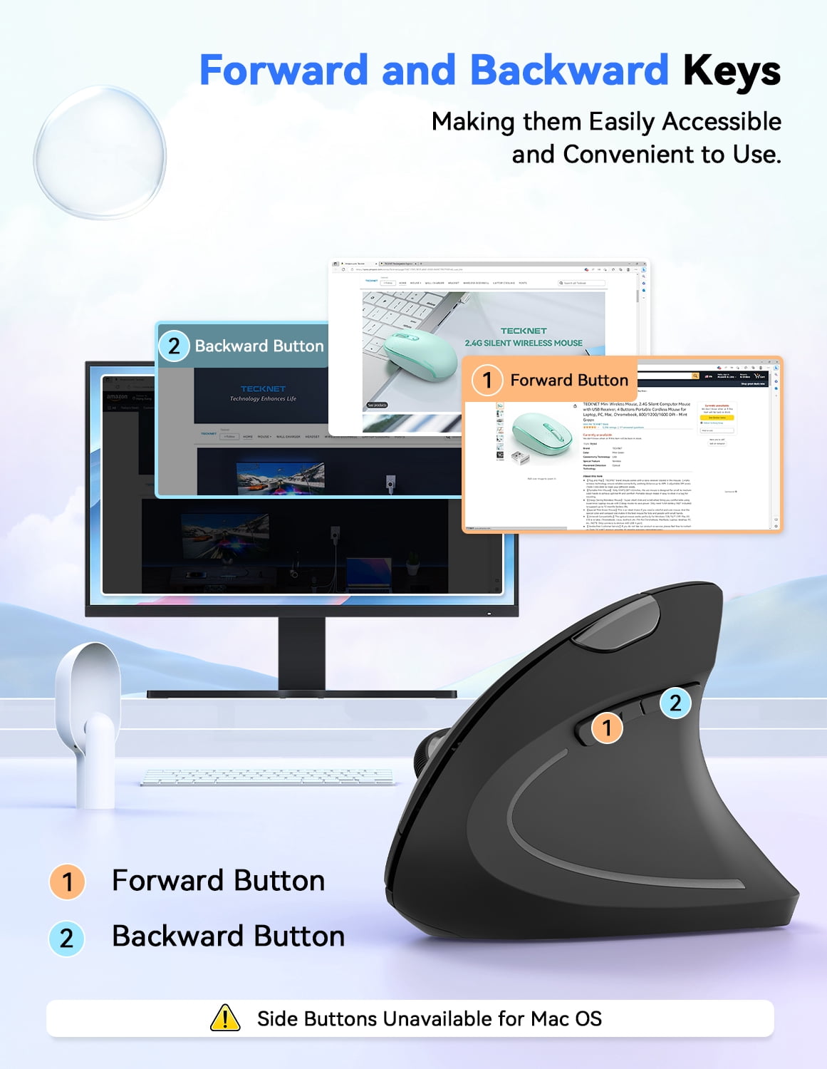 TECKNET 2.4G Ergonomic Mouse Vertical Wireless - 4800 DPI Optical Carpal Tunnel Mouse Right Hand, 5 Adjustable DPI, Quiet Clicks, 6 Buttons for Laptop, Desktop, PC, Computer - Black