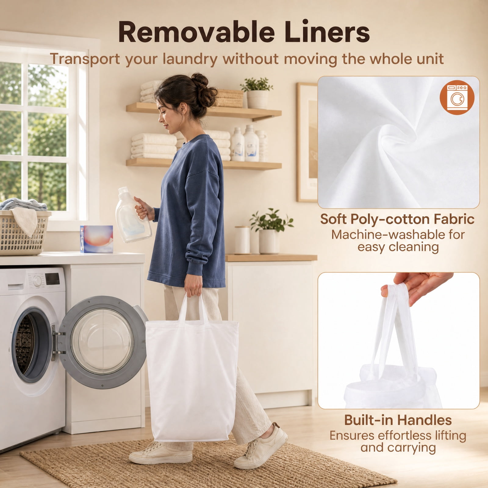 Vebreda 21.4-Gallon 3-Section Laundry Hamper with Lid & 2 Lockable Wheels, Rolling Clothes Hamper & Laundry Sorter with 3 Removable Liner Bags for Bathroom & Laundry Room