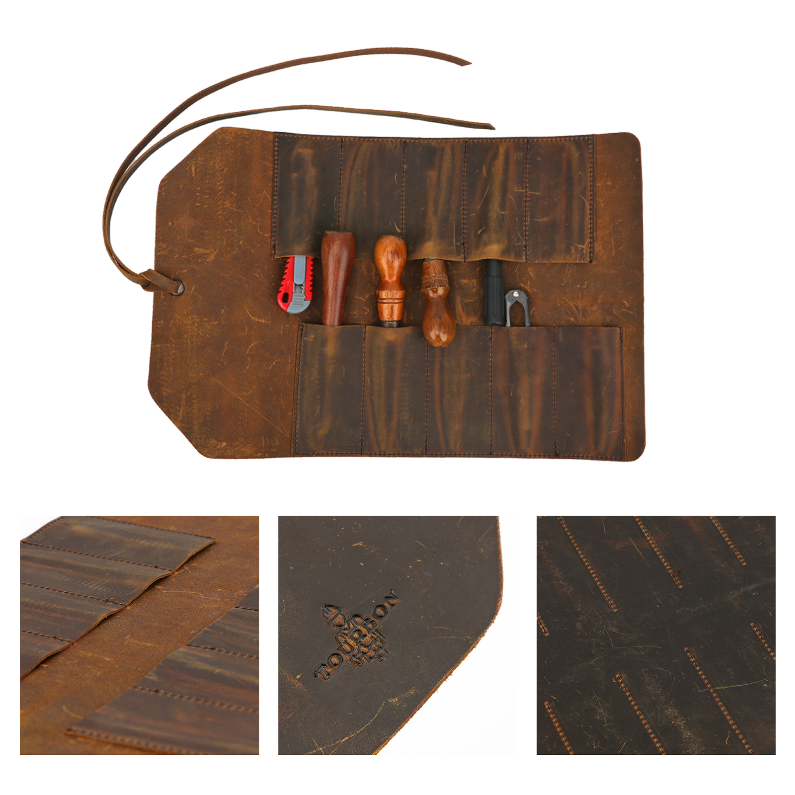 TOURBON Tools Roll Up Bag (8 Slots) Leather Portable Carry Pouch Workshop Storage Splier Tool Organizer Woodworking