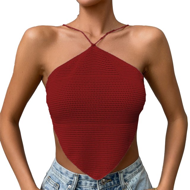 Top con cuello halter para mujer, camisola con dobladillo curvado sin espalda, blusa sin mangas con nudo en la espalda de Color puro, color burdeos L