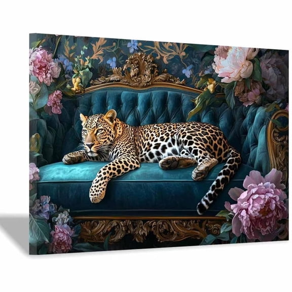 Mudket Framed Leopard on Teal Sofa with Pink Flowers Canvas Wall Art, Elegant Leopard Print Wall Decor, Trendy Animal Wall Art Ready to Hang - 12"L x 8"W
