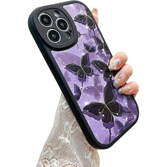 for iPhone 13 Pro Max Case, Cute Pattern Purple Butterfly, Screen Protector Camera Protection Lens Lanyard Shockproof Phone Case for Girls Women