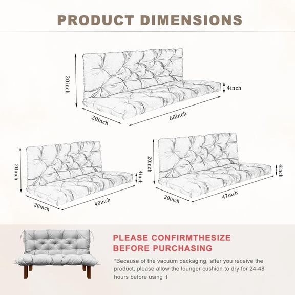 Porch Swing Cushion with Backrest, Waterproof Bench Cushion for Outdoor Furniture, 2-3 Seater Replacement Thickened Swing Cushion with Ties, , Outdoor, Backyard and Garden (Light Gray, 40x40)