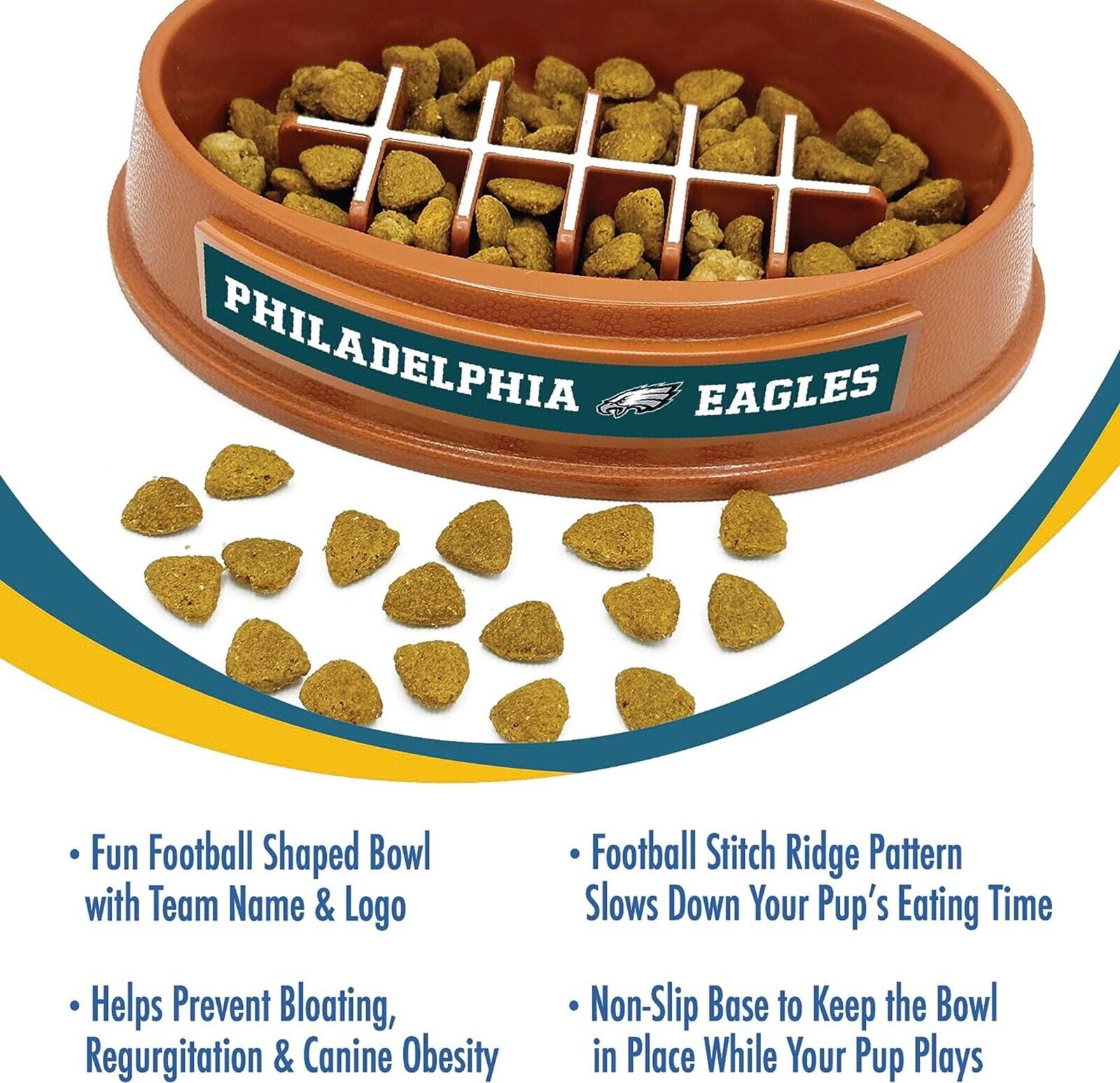 Pets First NFL Philadelphia Eagles Super-Bowl Slow Feeder Bowl for Dogs and Cats, Football Design for Healthy Digestion, Non-Slip, for Large & Small Pet