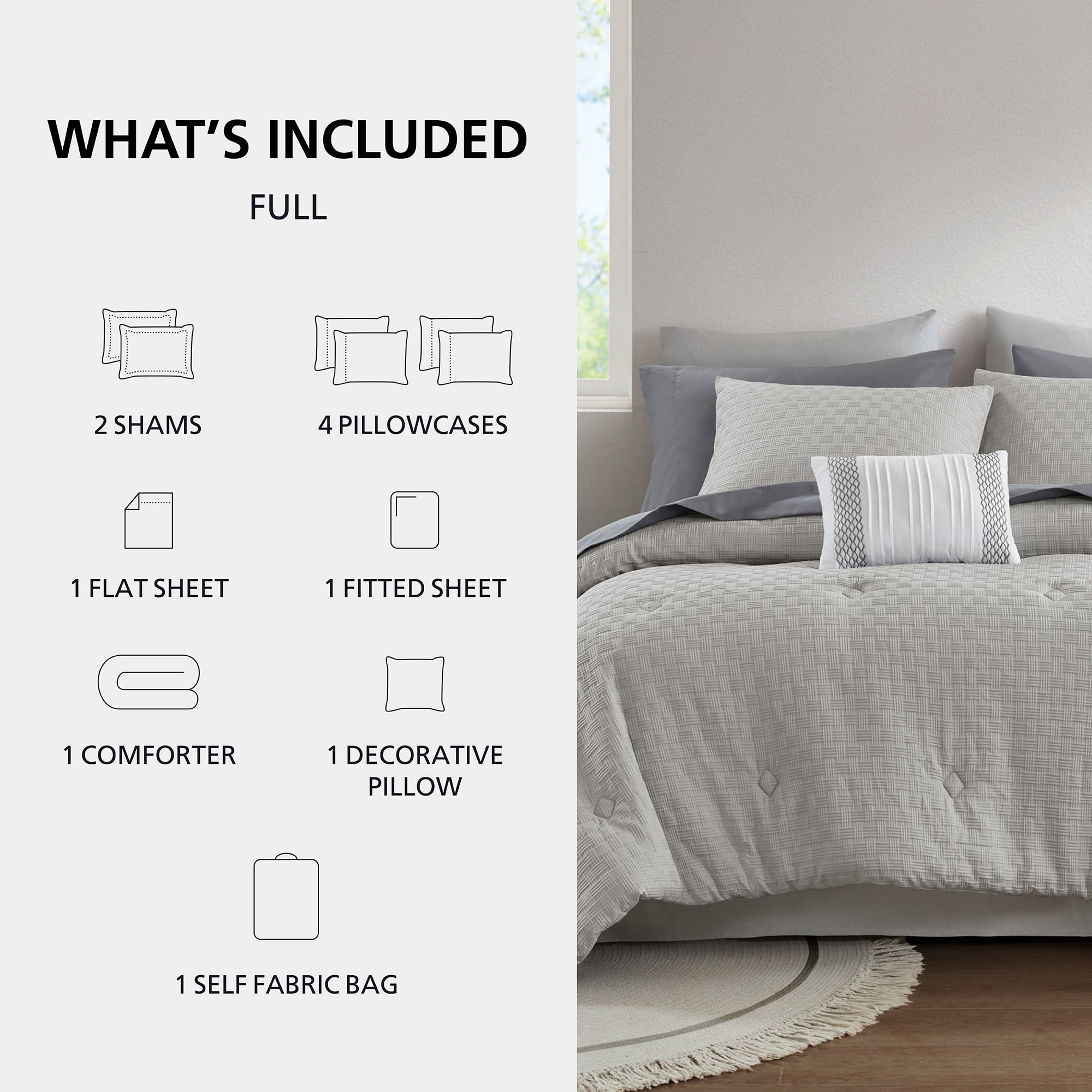 Mainstays 11-Piece Bed in a Bag Comforter Set with Sheets, Grey Basketweave, Full
