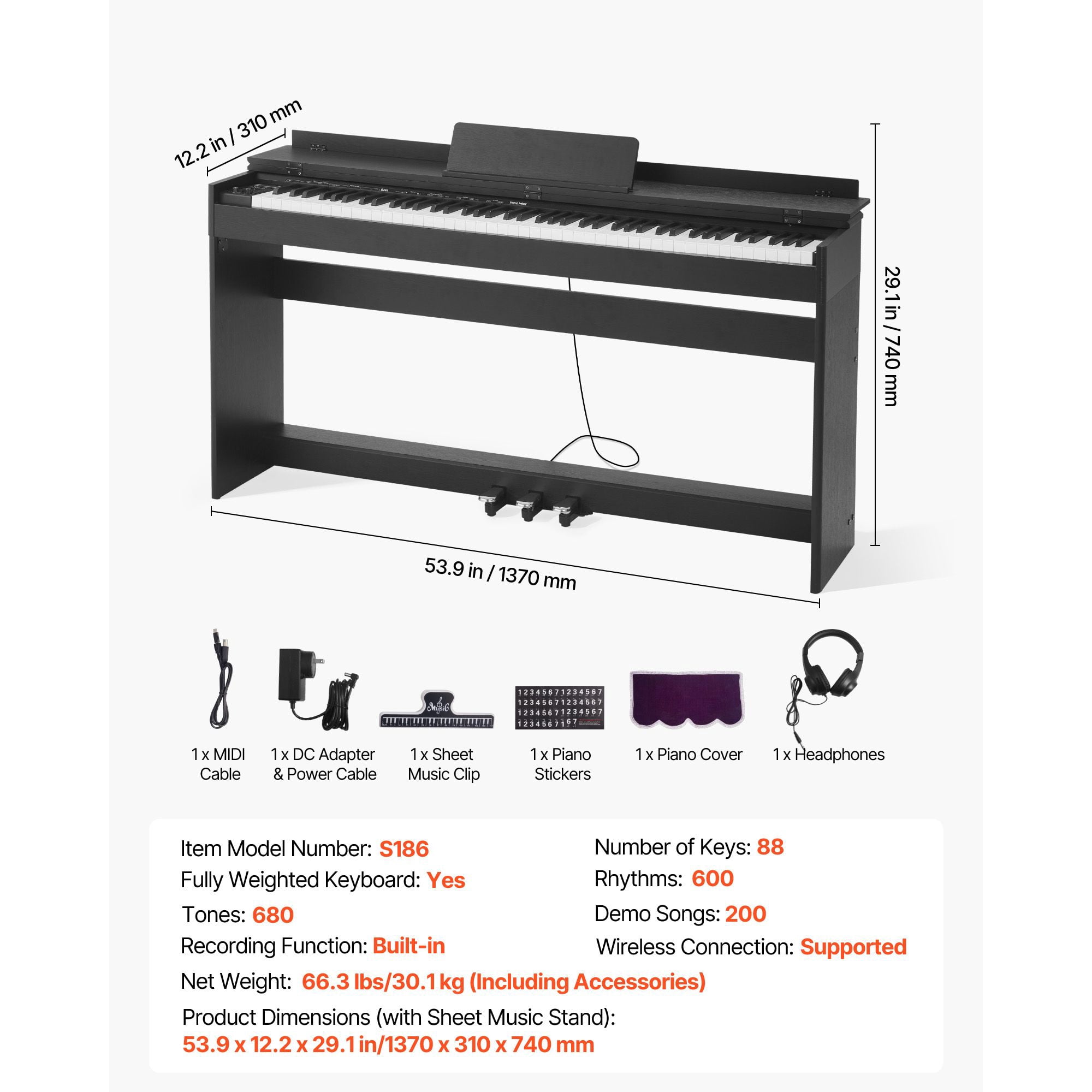 Weighted Digital Piano, 88 Keys Fully Weighted, Electric Piano Keyboard with Furniture Stand, Power Adapter, Triple Pedal, 680 Tones, Support Wireless Connection, with Headphones, for Beginners