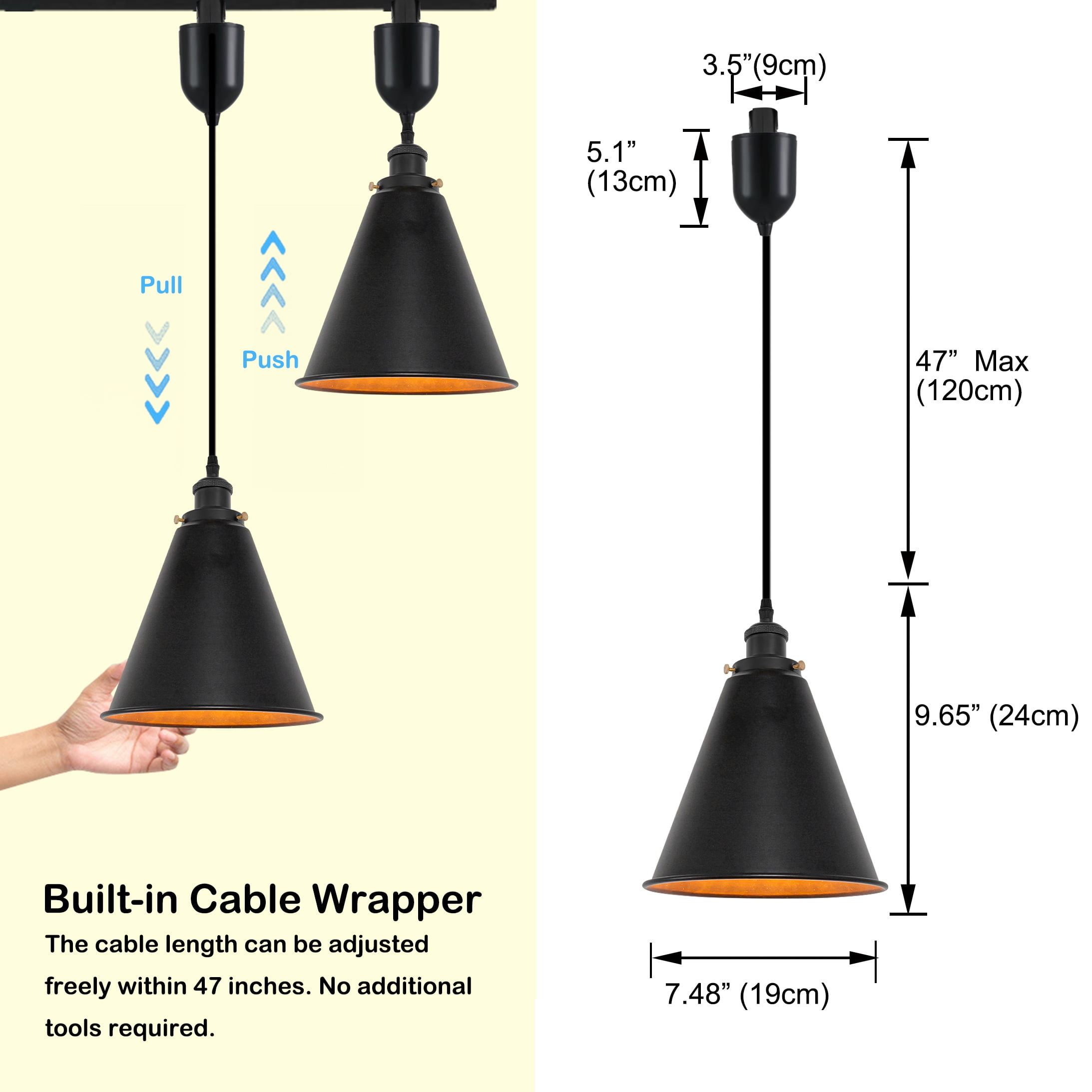Kiven J-Type Track Lighting Light fixture, Vintage Metal Juno Track Pendant Light with Built-in Cable Wrapper, Adjustable Length for Bedroom Kitchen Home Lighting, 3-Light, Black Finish Socket
