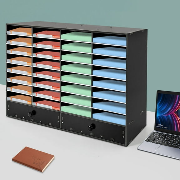 Adjustable Literature Organizer, 32 Compartment with 2 Drawers, Black, Durable, Removable Shelves Stackable Home, Office, Classroom