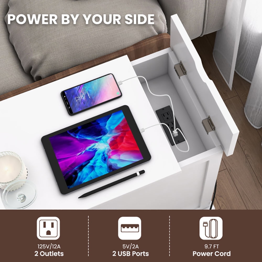 Finihen End Table, Side Table with Charging Station and Flip Top, Sofa Side Table, Bed Side Table, for Living Room, Bedroom, White Finihen End Table, Side Table with Charging Station and Flip Top, Sofa Side Table, Bed Side Table, for Living Room, Bedroom, White