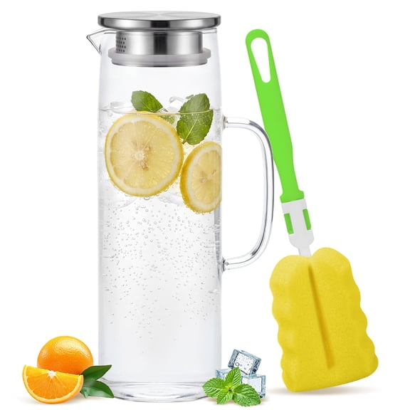 GPED 64 oz Glass Pitcher, Glass Water Jug with Lid and Spout, 1.8L Glass Carafe for Fridge, Thickened Borosilicate Iced Juice Jugs for Cold and Hot Beverage, Easy Clean Heat Resistant Jug