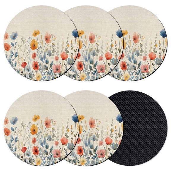 Spring Floral Coasters Set of 6, Watercolor Elegant Summer Botanical Rustic Absorbent Coasters for Drinks, Coaster for Bar Office Dining Coffee Table Accessories Decor, Non Slip Round Desk Coaster