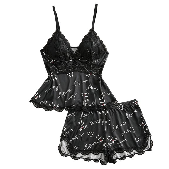 Women's Love Smile Heart Print Pajama Set Lace Cami Top and Matching Shorts 2 Piece Spaghetti Strap Sleepwear Lounge Set