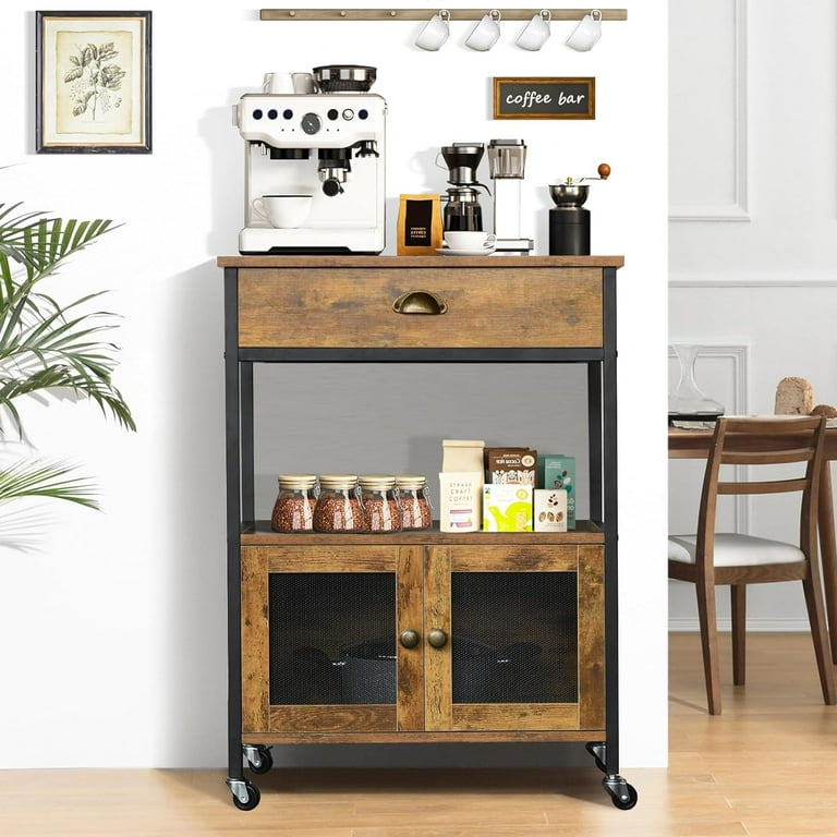 Hbboomlife Coffee Cart Coffee with Industrial Coffee Station with Drawer Farmhouse Coffee Station Table with Doors and Shelves Small Coffee Tea Cart