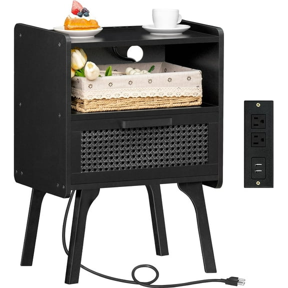 Rattan Nightstand with Charging Station, Side Table with Drawer Open Shelf, Cane Bedside End Table with Solid Wood Legs, Mid Century Night Stand for Bedroom, Dorm and Small Spaces (Black)