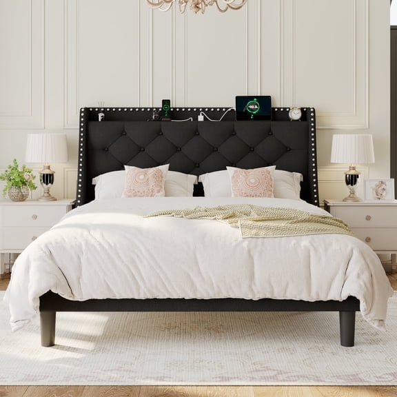 Virans Full Bed Frame with 16" Deluxe Wingback & Charging Station, Upholstered Platform Bed with Button Tufted Storage Headboard,Black