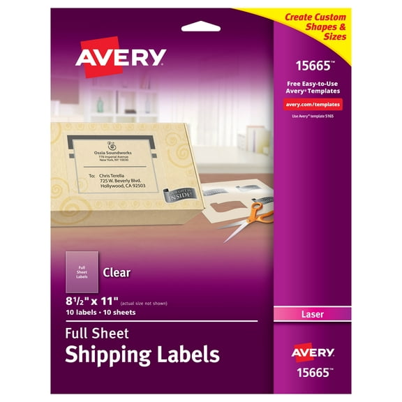 Avery Shipping Labels, Permanent Adhesive, Matte Frosted Clear, 8-1/2" x 11", 10 Labels (15665)