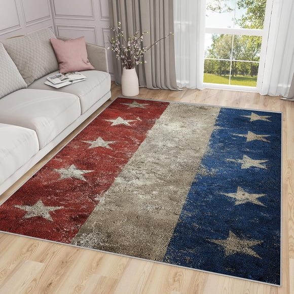 Patriotic Area Rugs, Distressed American Flag Carpet, Washable Non Slip Low Pile Soft Rug for Living Room Bedroom Decor Mat 5x7ft