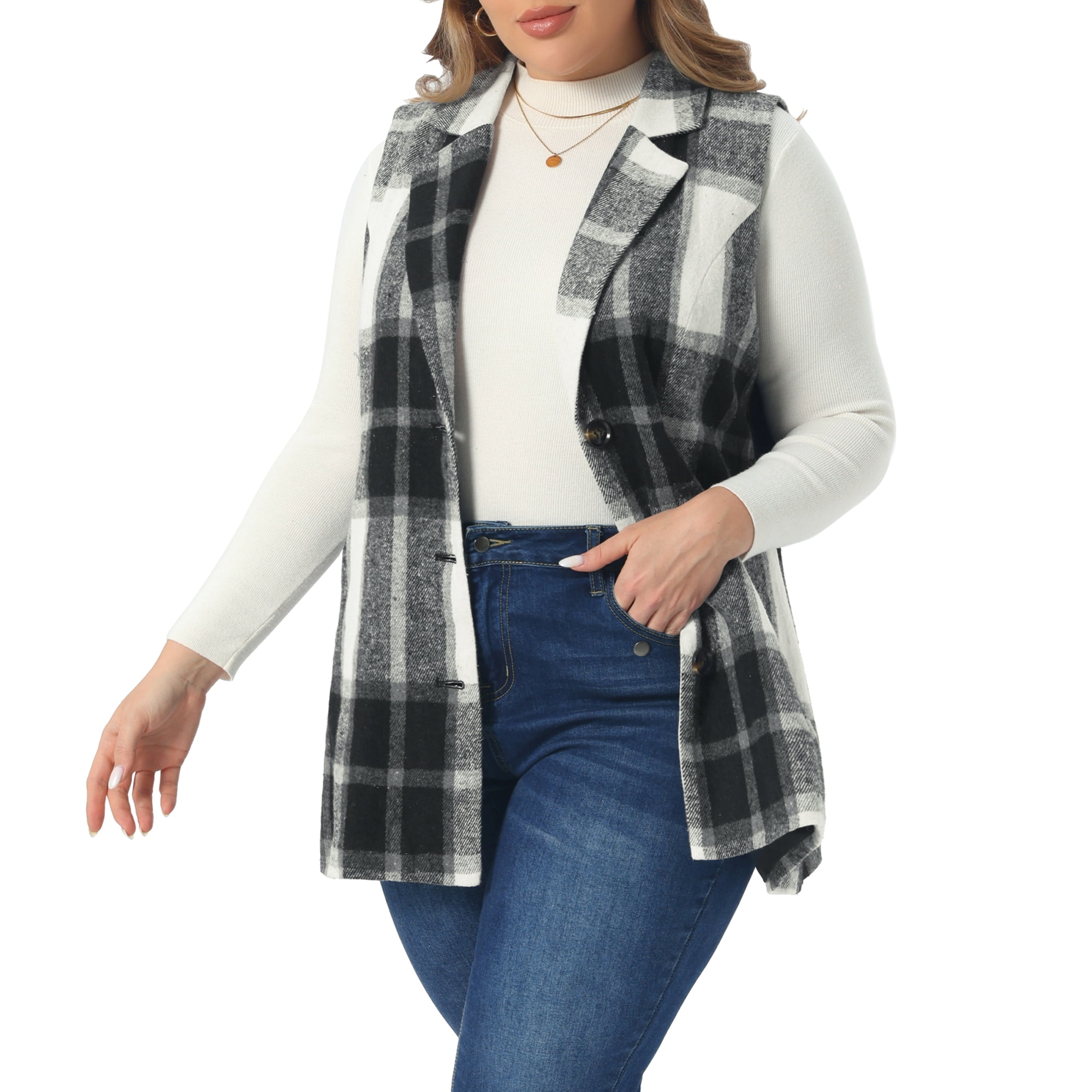 DARING DIVA Women's Plus Size Plaid Curvy Notched Lapel Vest 4X Black