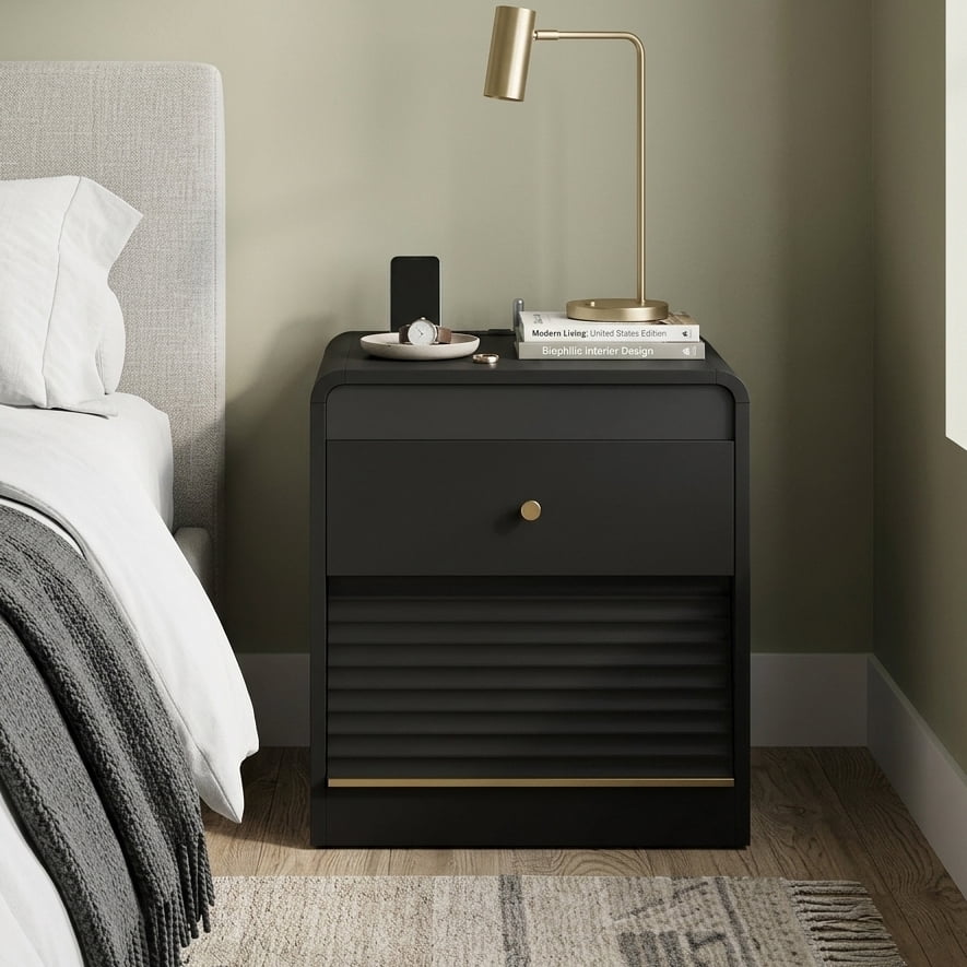 Aukfa Smart Nightstand with Charging Station, Side Table with Voice-Controlled 7-Color LED Light, Modern Bedside Table for Bedroom,Black